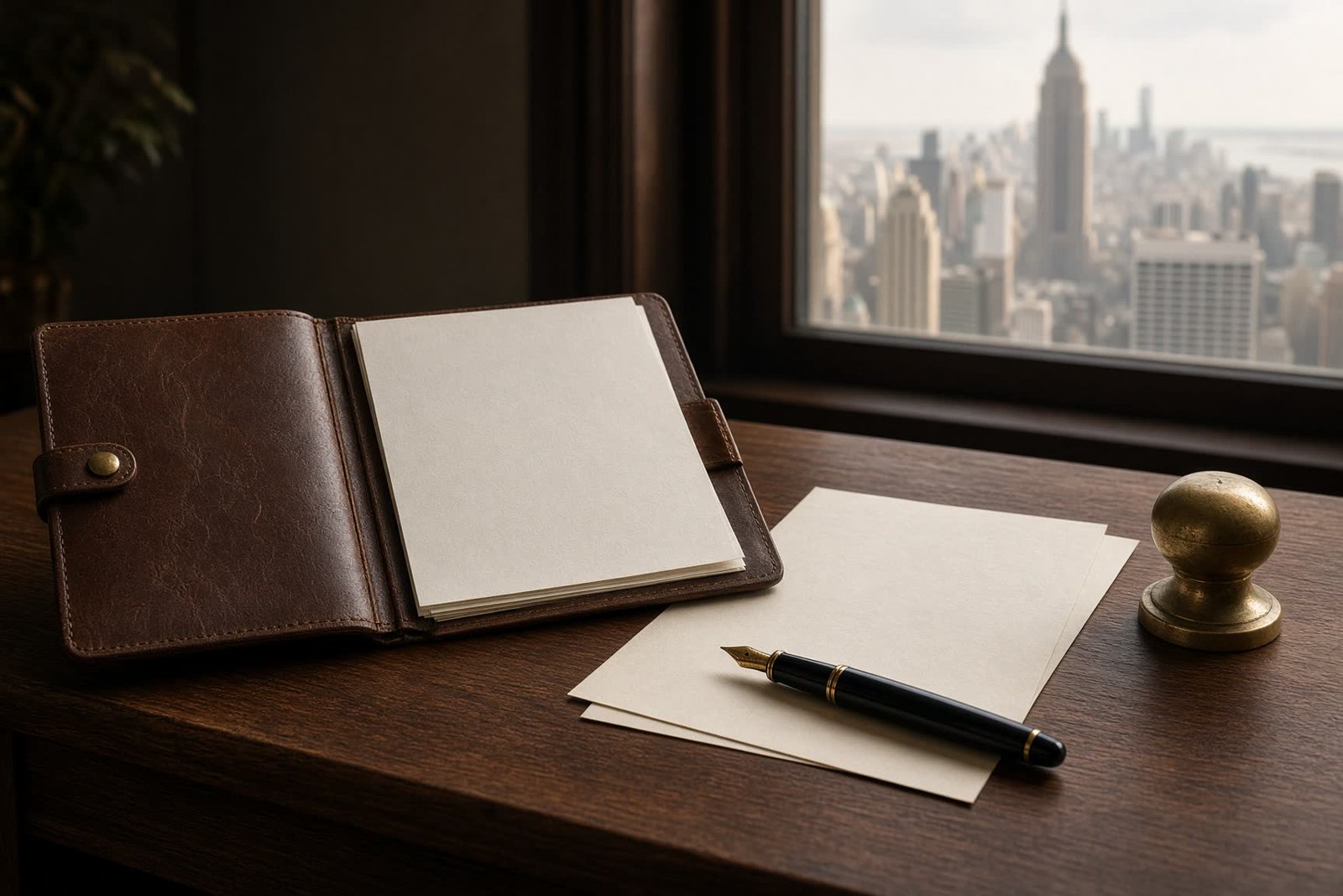 A working desk with paper and a city view